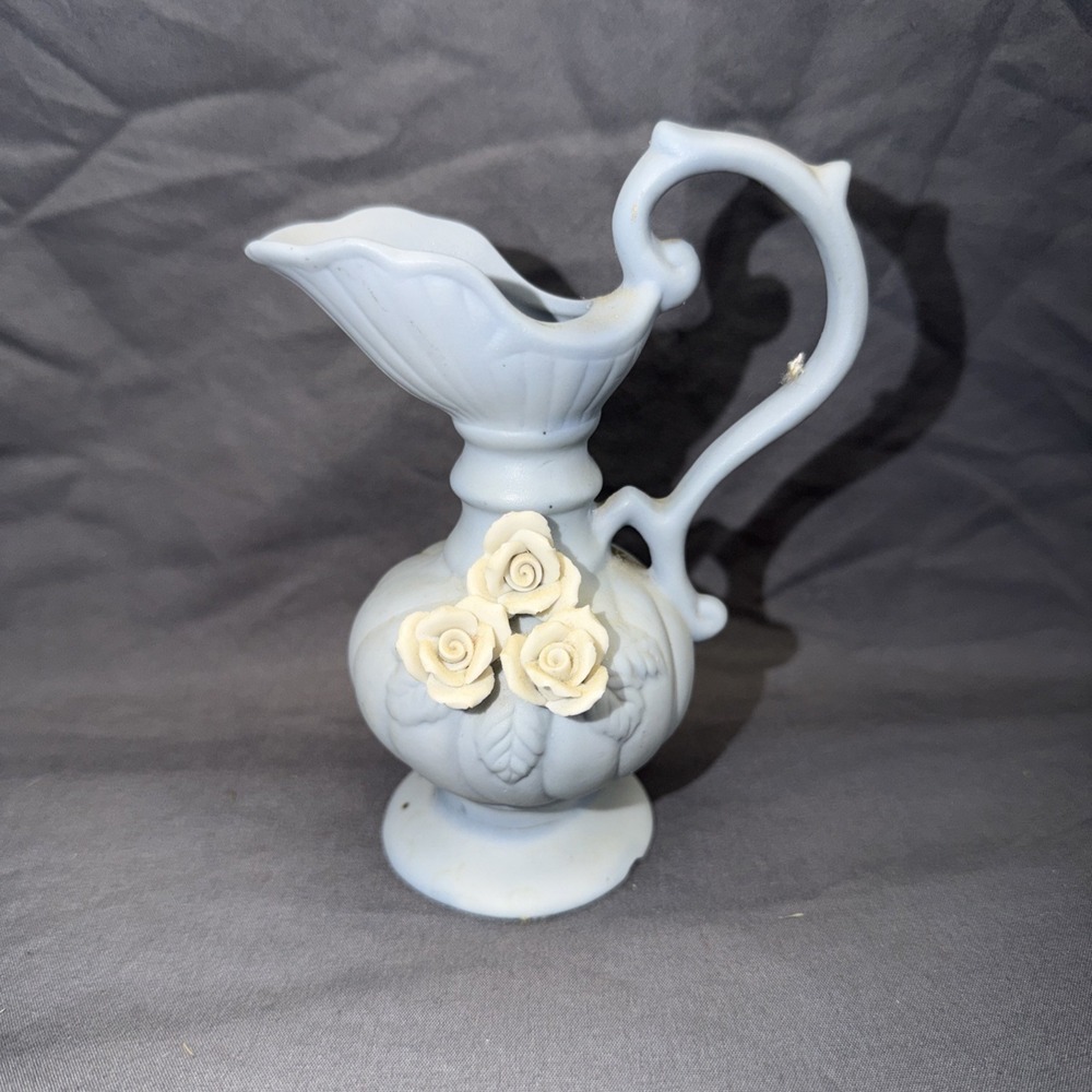 Vintage Porcelain Blue Bud with Raised Applied Roses and Bird